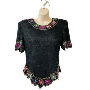 Vintage 90s Laurence Kazar Beaded 100% Silk Top Women PL Black Multicolor Floral